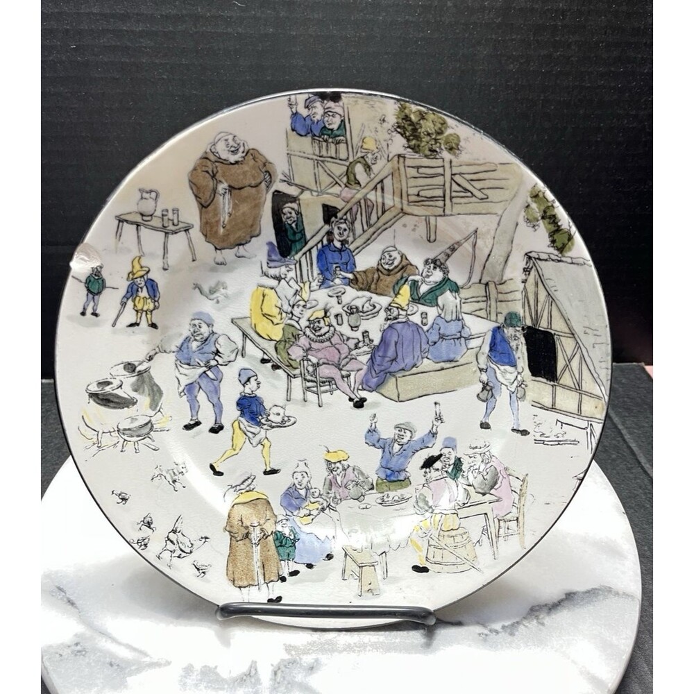 Vintage Granit Longwy Decorative Ceramic Satirical Story Plate French Pub Tavern